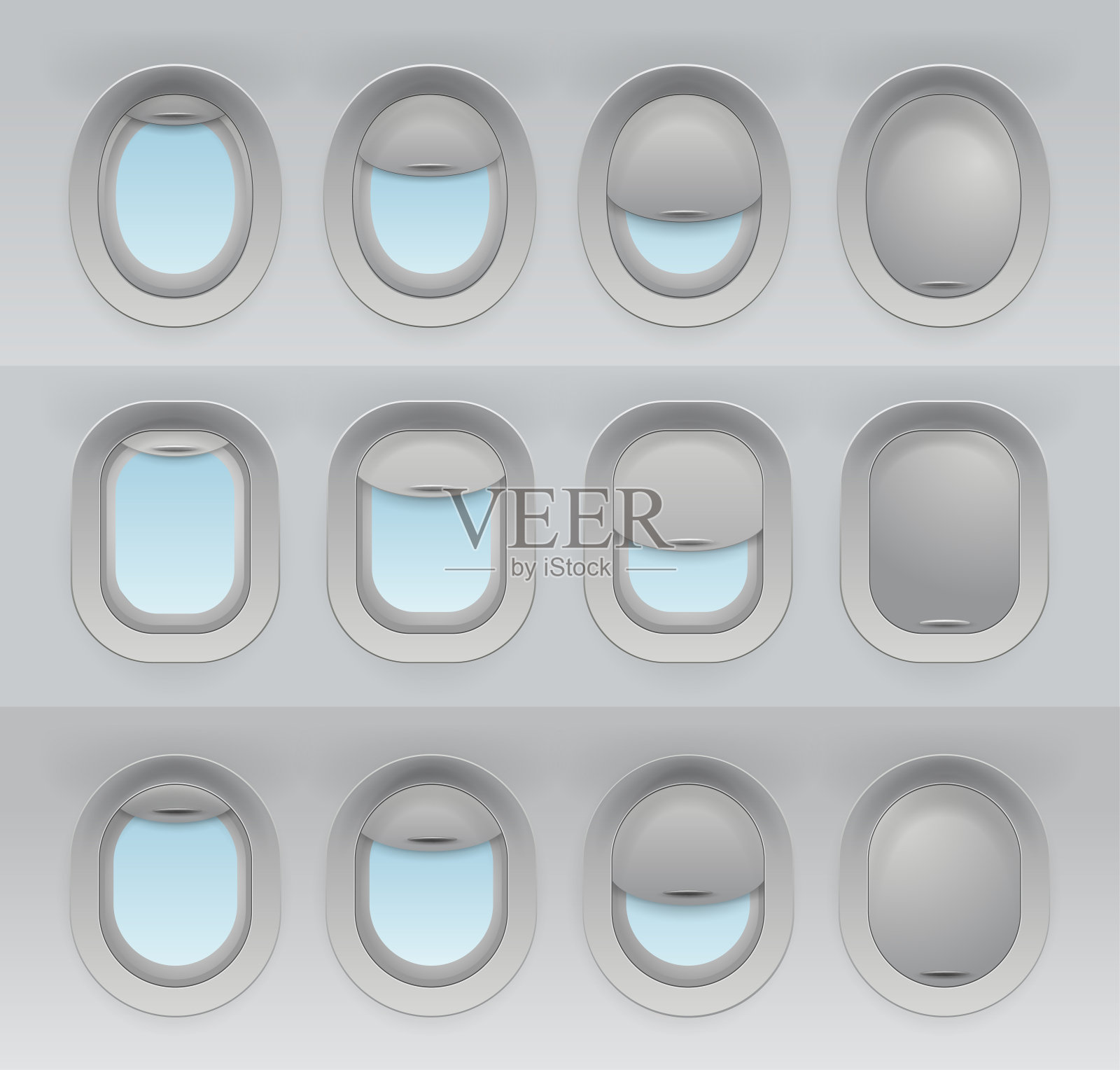 大的3d逼真的飞机窗户与窗帘在不同的位置和空白复制空间内。模型为您的设计。矢量插图。孤立在白色背景上。插画图片素材