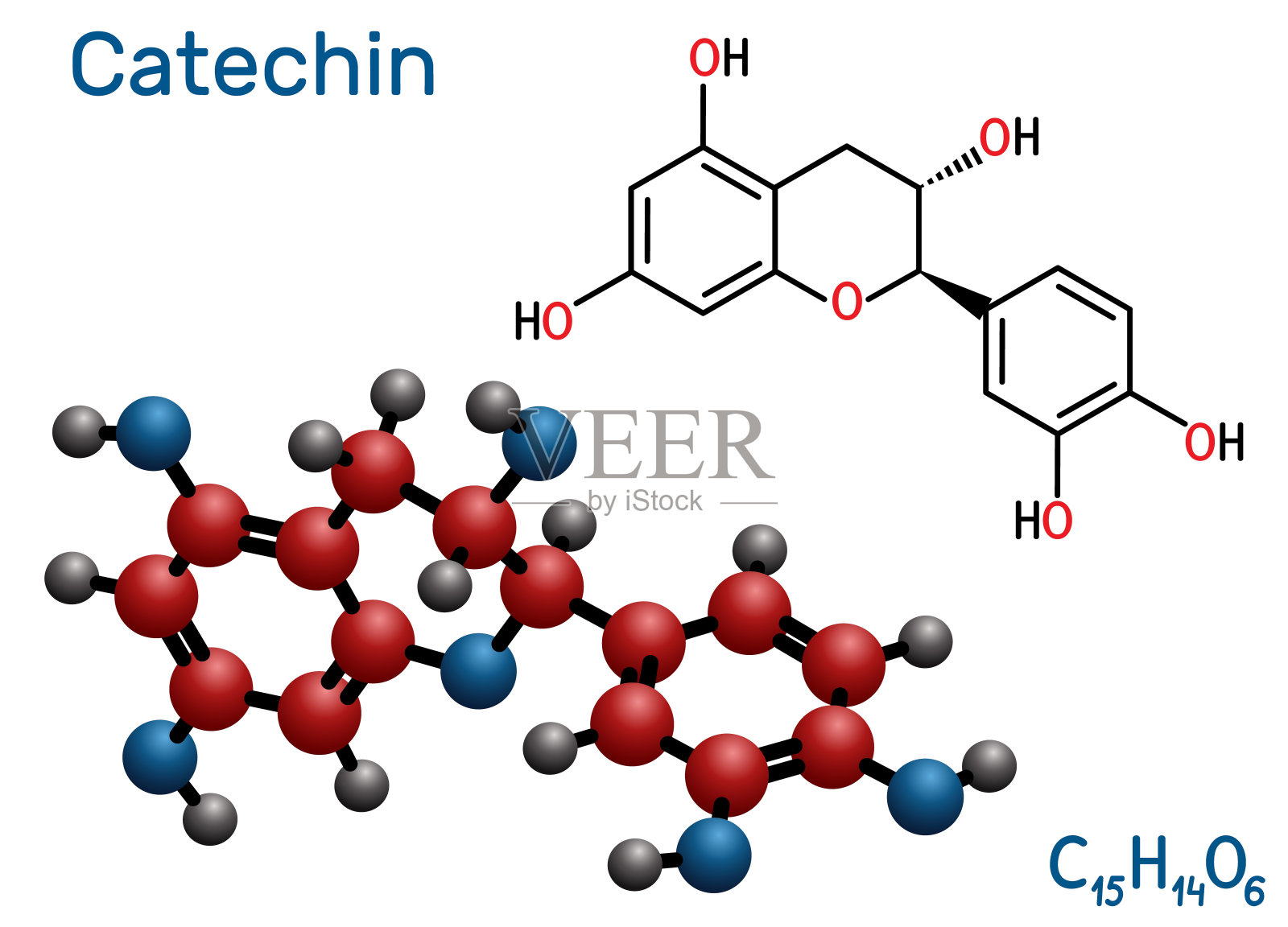 儿茶素,类黄酮,C15H14O6分子。它是黄烷醇,一种天然酚和抗氧化剂。骨骼的化学公式插画图片素材