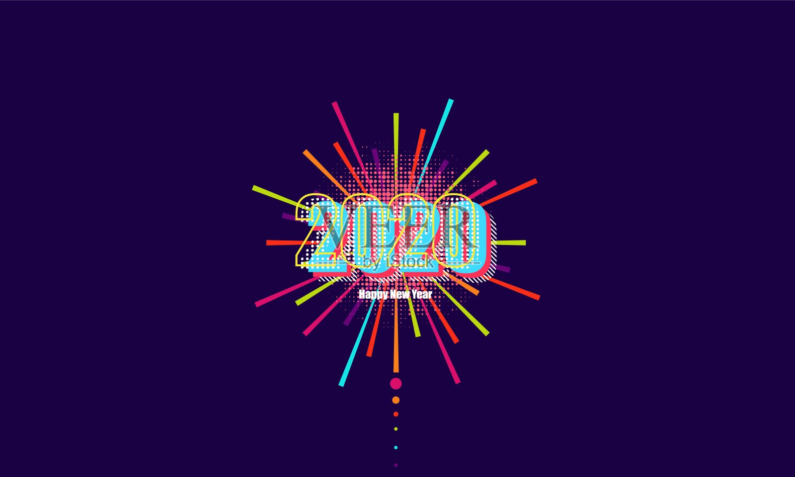 2020年,贺卡上刻有“2020年新年快乐”字样的烟花背景矢量设计插画图片素材