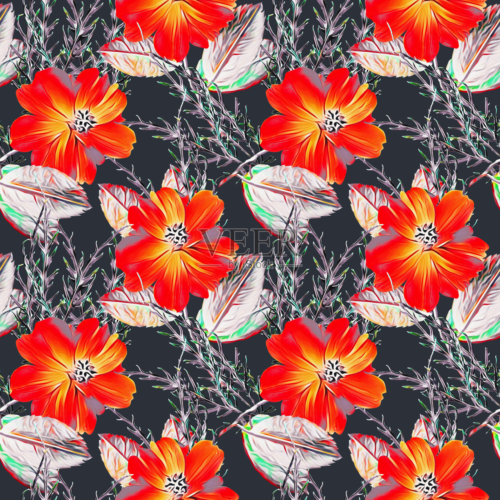 黄花带细枝,纹路无缝。插画图片素材