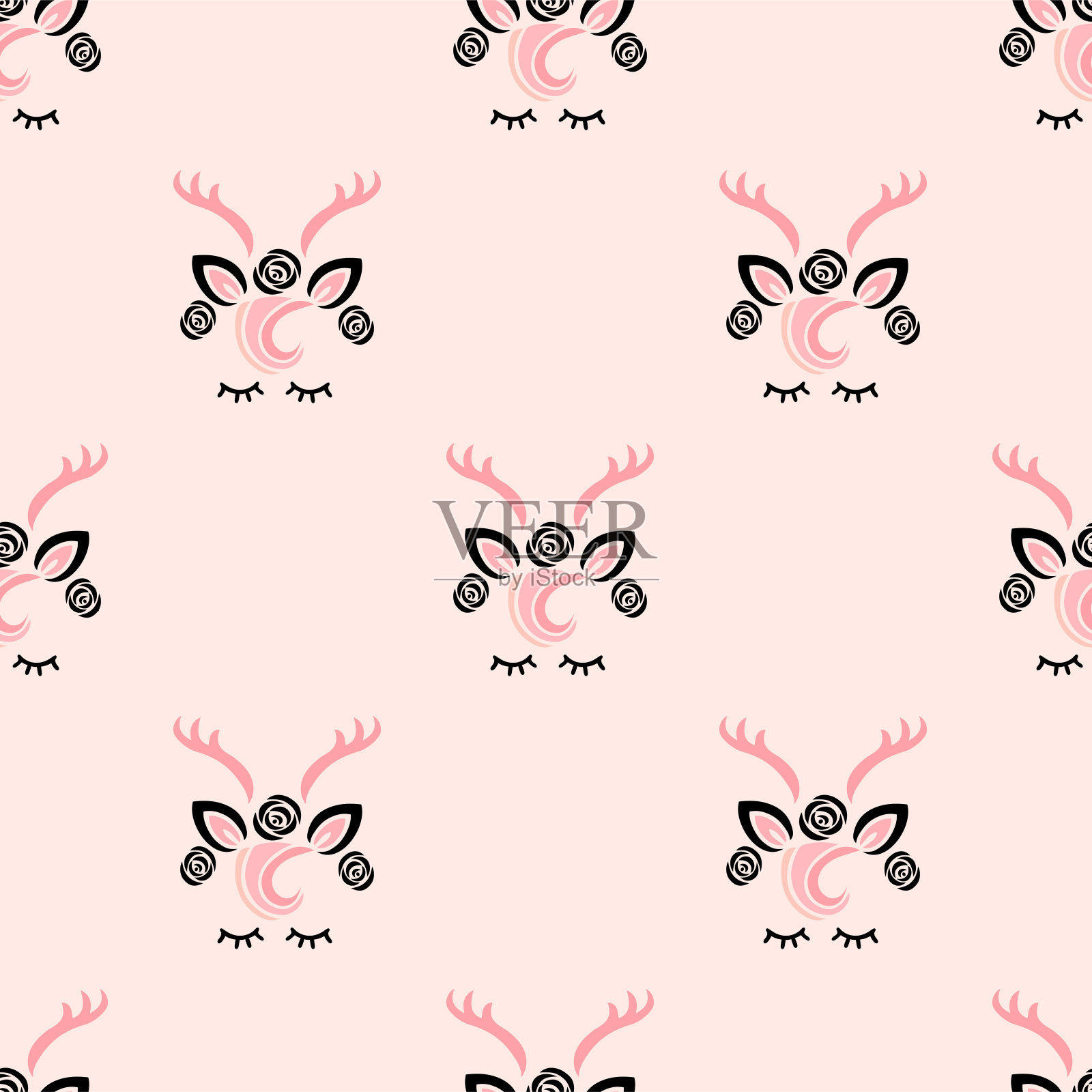 粉红色无缝图案与可爱的小鹿。插画图片素材