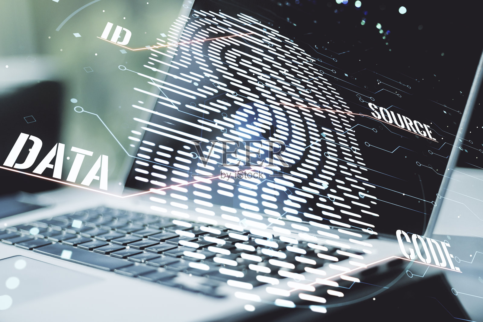 抽象创意指纹全息图在电脑背景下的双重曝光,保护个人信息的概念照片摄影图片