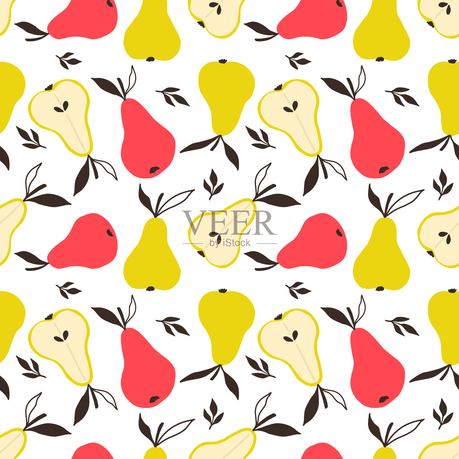 手绘彩色无缝图案手绘梨和叶子。北欧的设计风格。适合纺织制造、墙纸、海报等。插画图片素材
