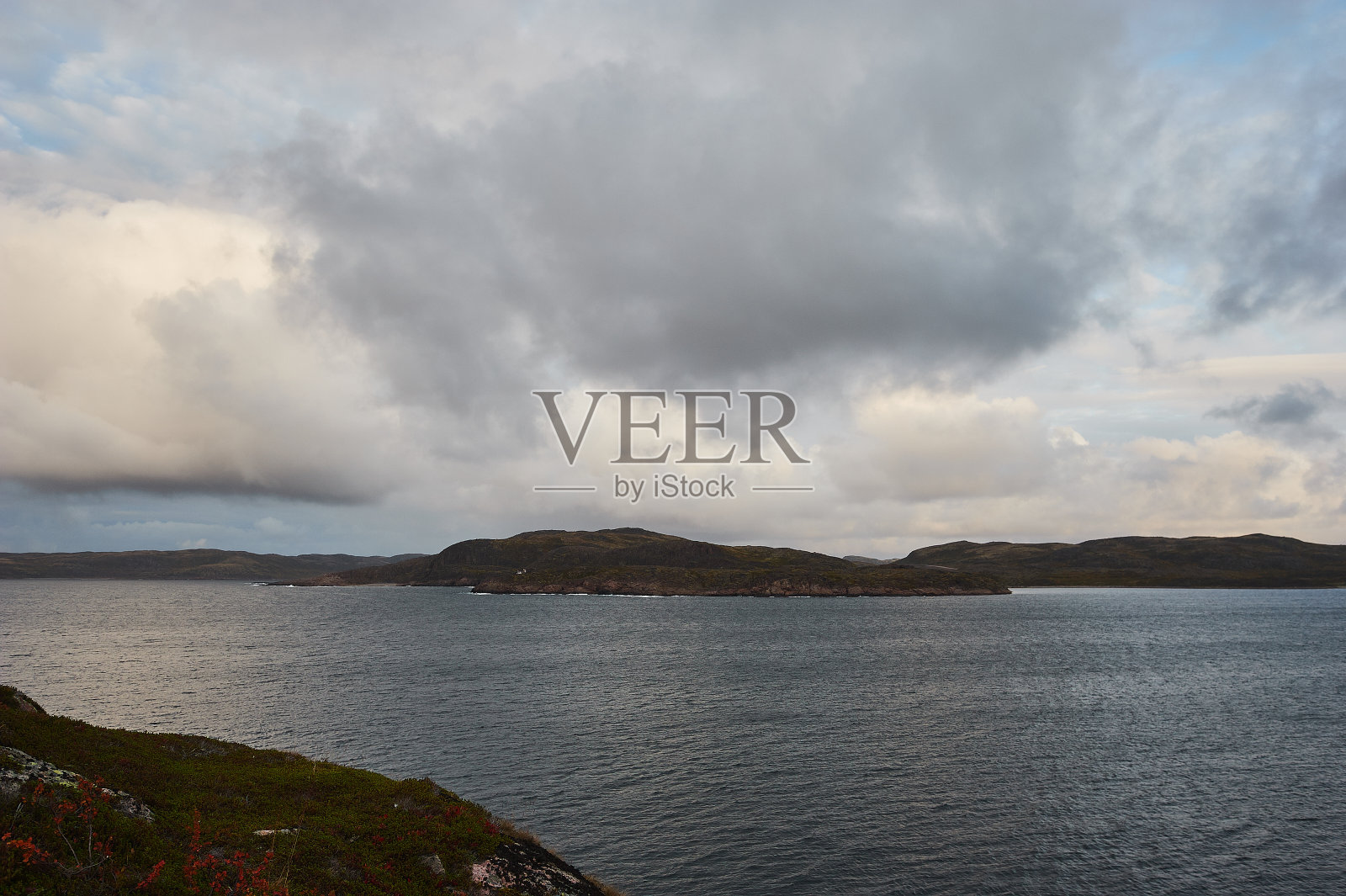 平静的湖水,另一边的树林和蓝天。景观。照片摄影图片