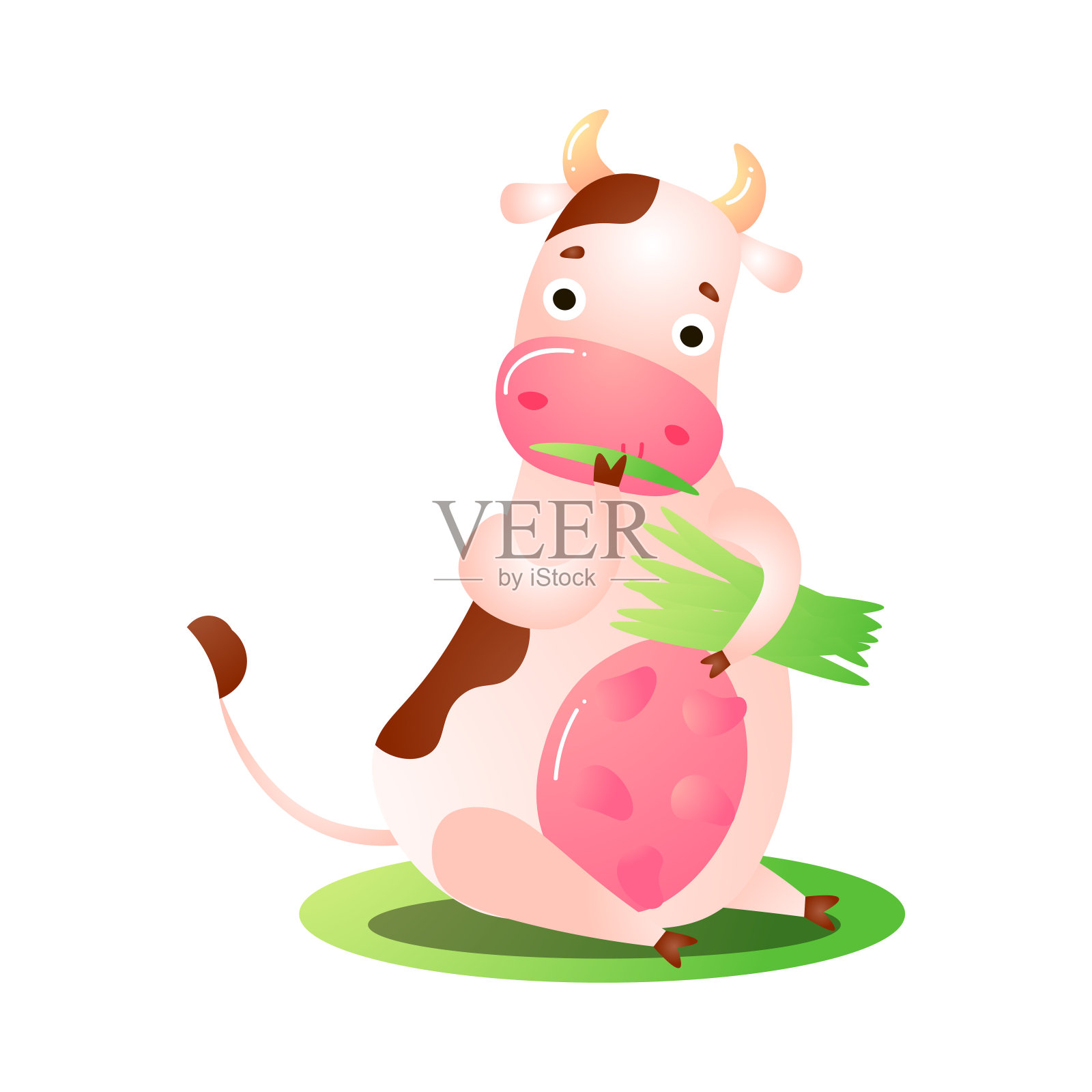搞笑的粉色奶牛动物吃草矢量插图插画图片素材