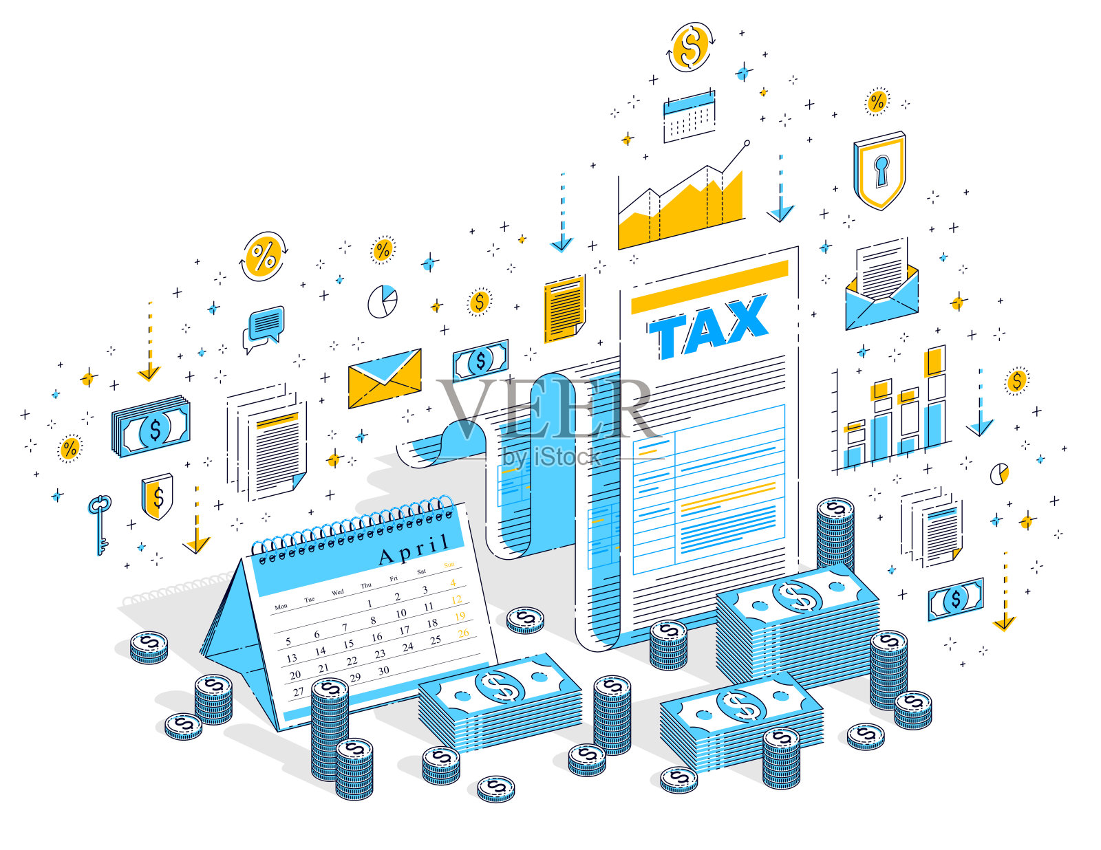 税收概念,税收表格或纸法律文件与现金堆和日历孤立在白色。3d矢量业务等角插图与图标,统计图表和设计元素。插画图片素材