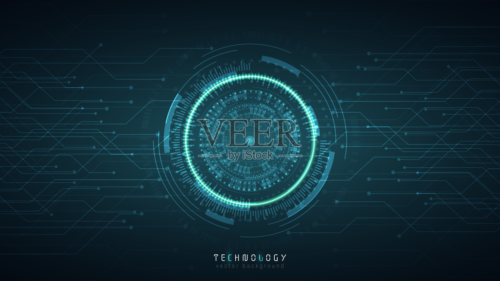 蓝色抽象圈技术矢量背景、现代创新虚拟现实背景、连接通信网络背景插画图片素材