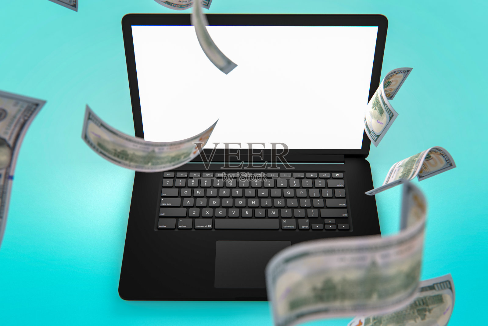 金融和经济概念落钱与便携式设备上的蓝色背景股票照片照片摄影图片