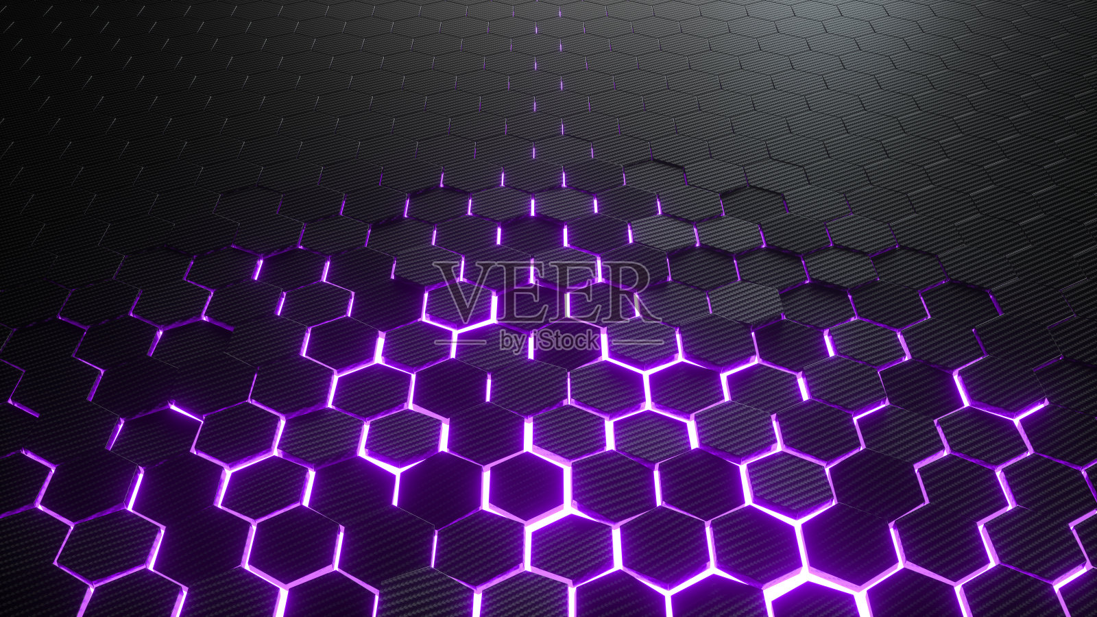 抽象六角形几何背景。碳纤维的六边形结构与明亮的能量光突破裂缝。三维渲染照片摄影图片