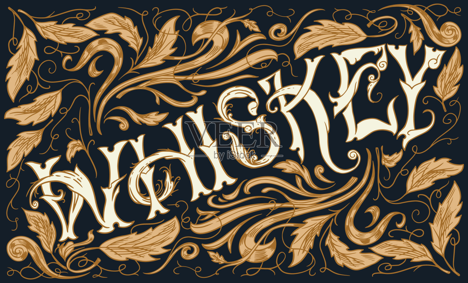 装饰背景上的威士忌字母。单色矢量插图旧的复古标签,t恤,海报和横幅。手绘复古元素草图插画图片素材