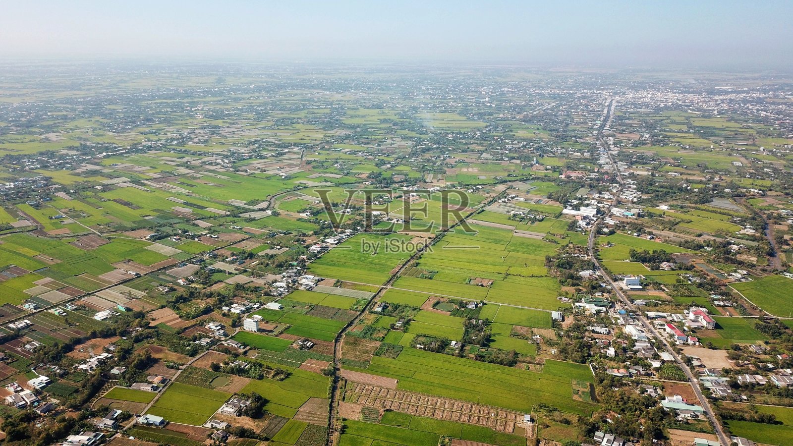 越南乡村碧绿的稻田和房屋照片摄影图片