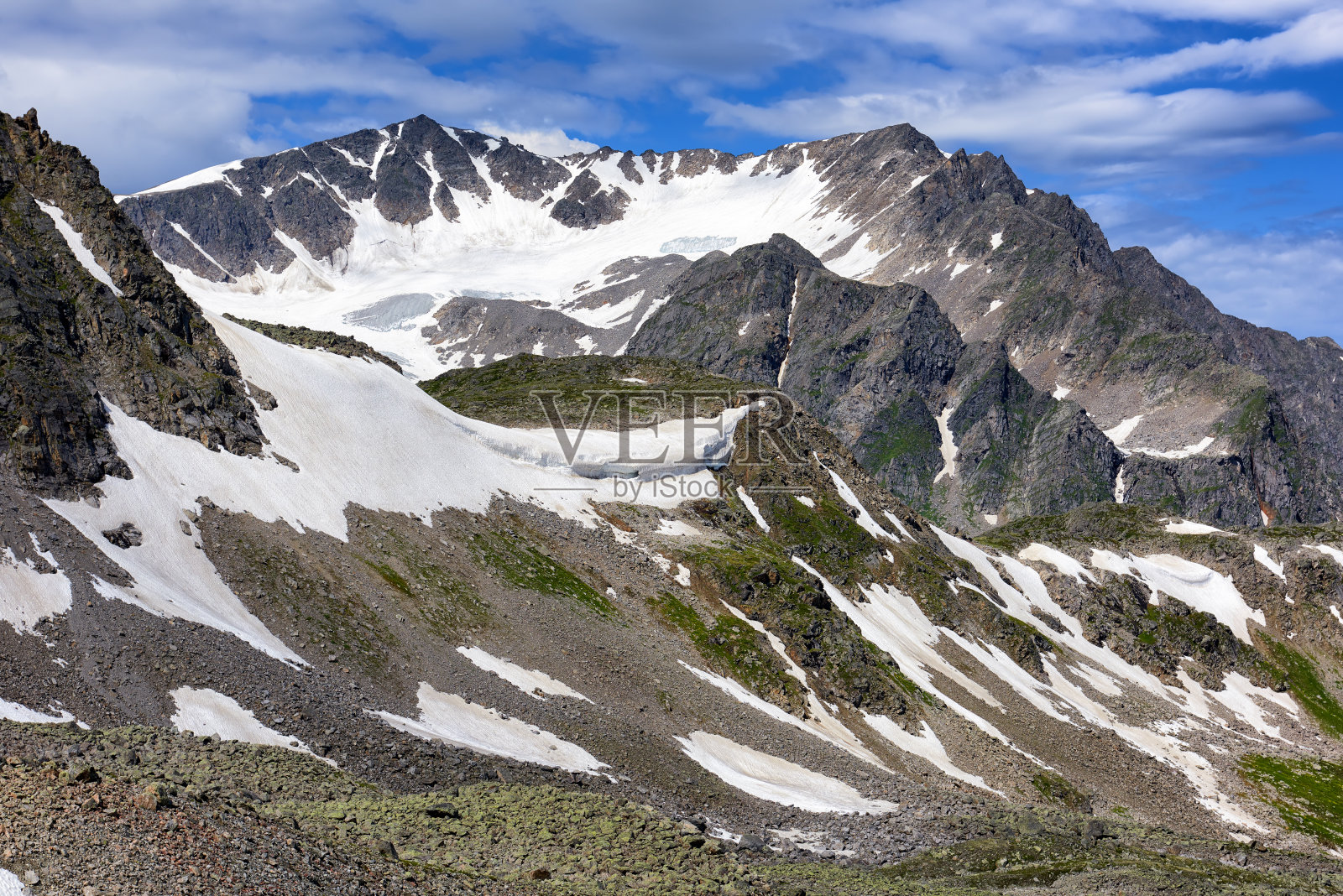 Choigan峰的冰川。7月。照片摄影图片