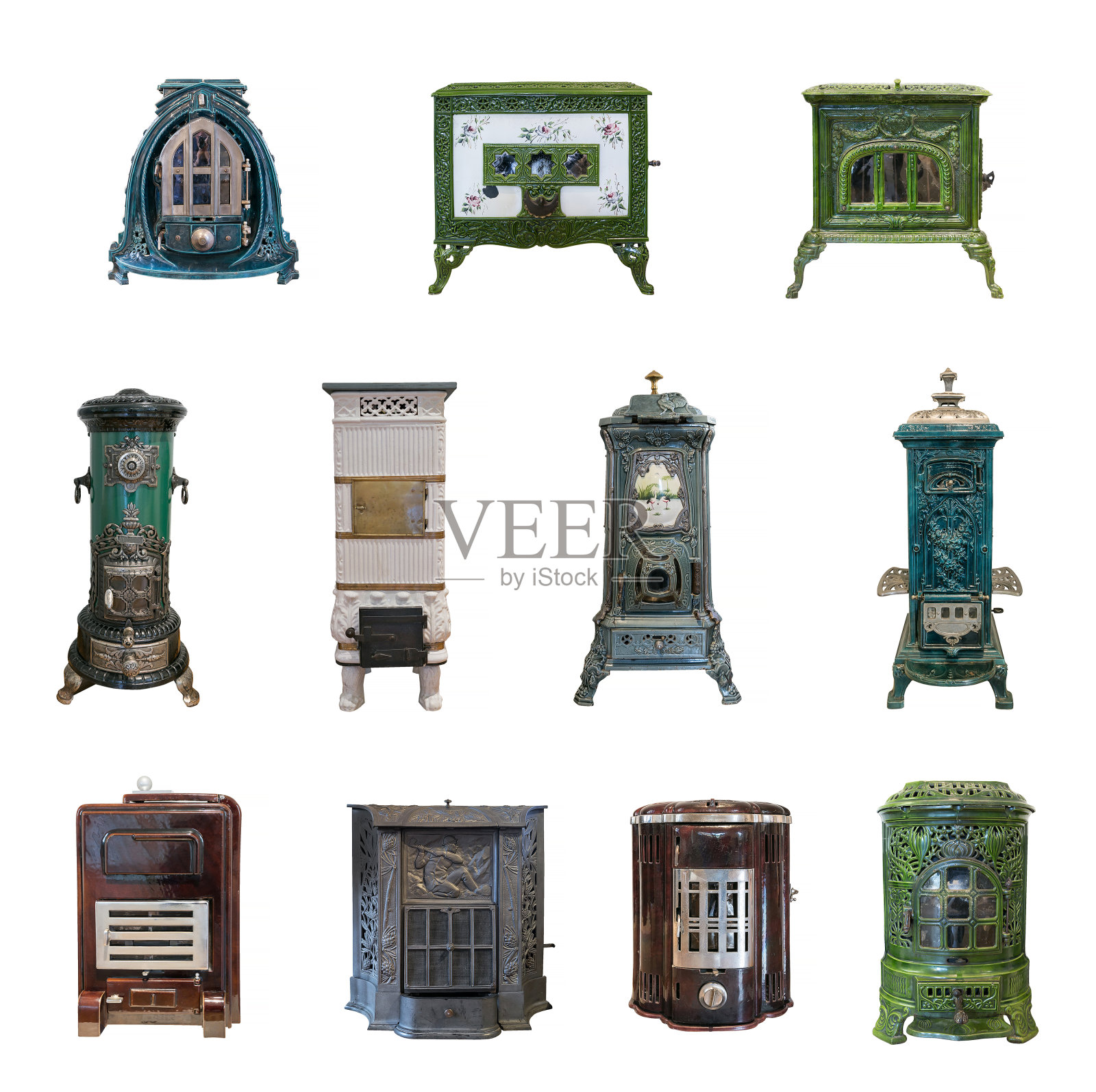 一套18世纪和19世纪用于取暖的古董炉照片摄影图片