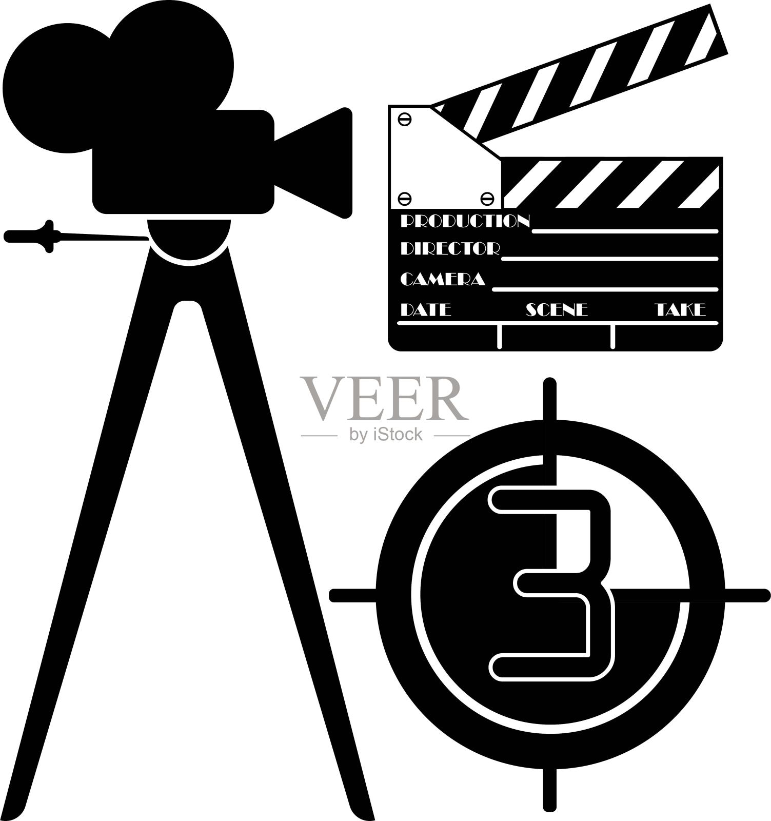 电影摄像机倒计时拍摄图标在黑色孤立的白色背景。向量EPS 10图标素材