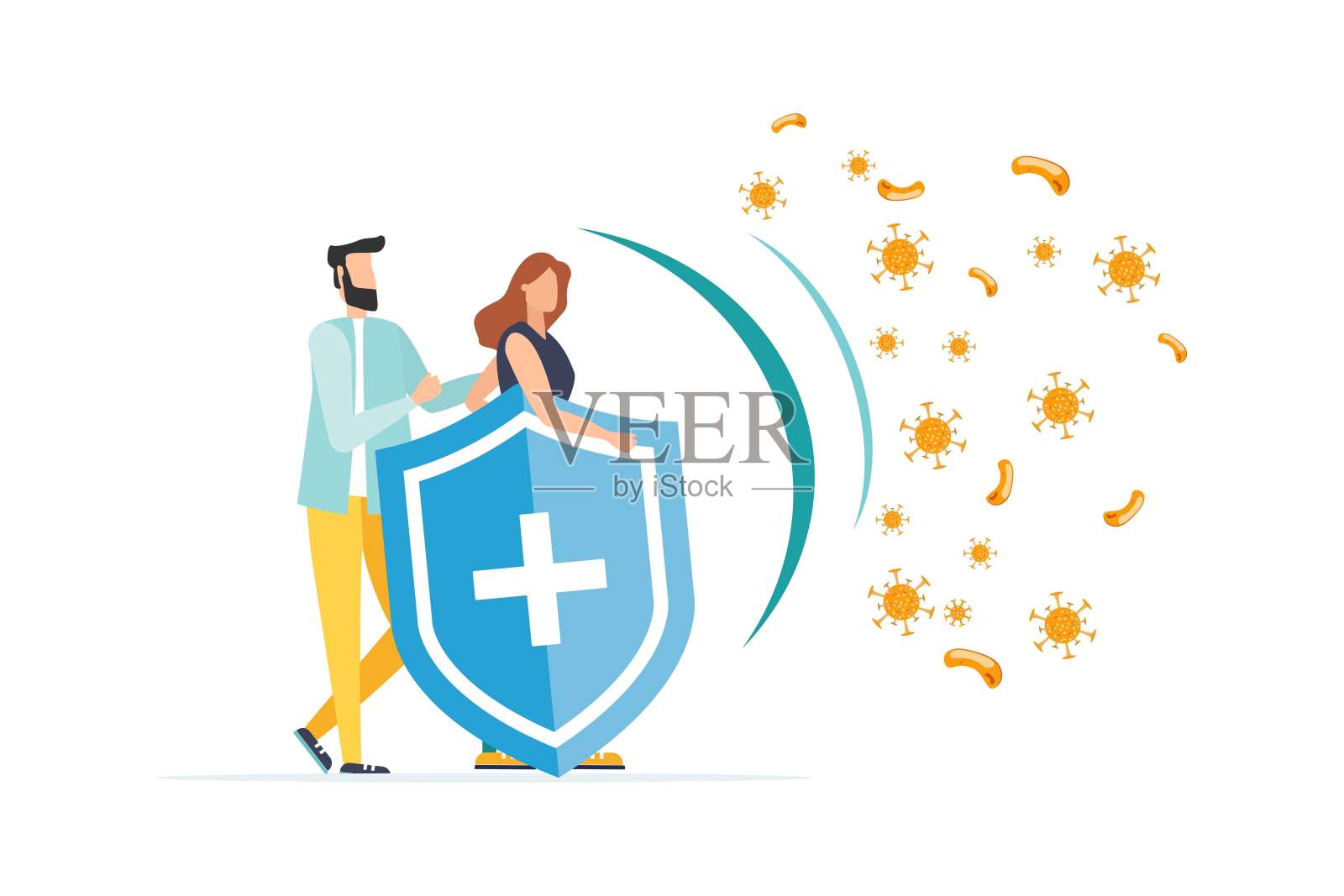 免疫系统矢量图标标志。健康细菌病毒防护。医学预防人体细菌。健康的人用盾牌反射细菌的攻击。用医学概念说明提高免疫力插画图片素材