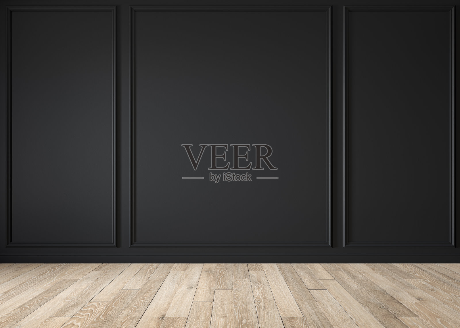 现代经典的黑色哑光空白墙,模塑,空的室内与墙板和木地板。3d渲染插图模拟。照片摄影图片