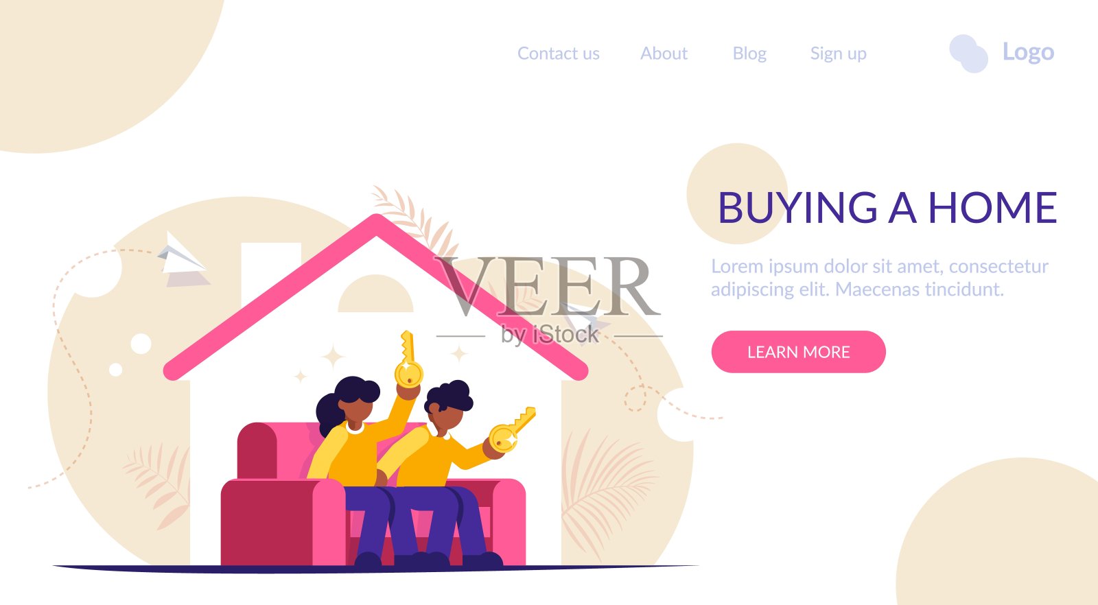 买房子的概念。一个年轻的家庭坐在新房子的沙发上,手里拿着钥匙。在银行的帮助下买了一套新公寓。登陆网页模板。插画图片素材