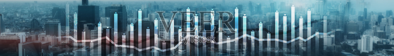 财务图表覆盖现代城市。全景旗帜的概念。照片摄影图片