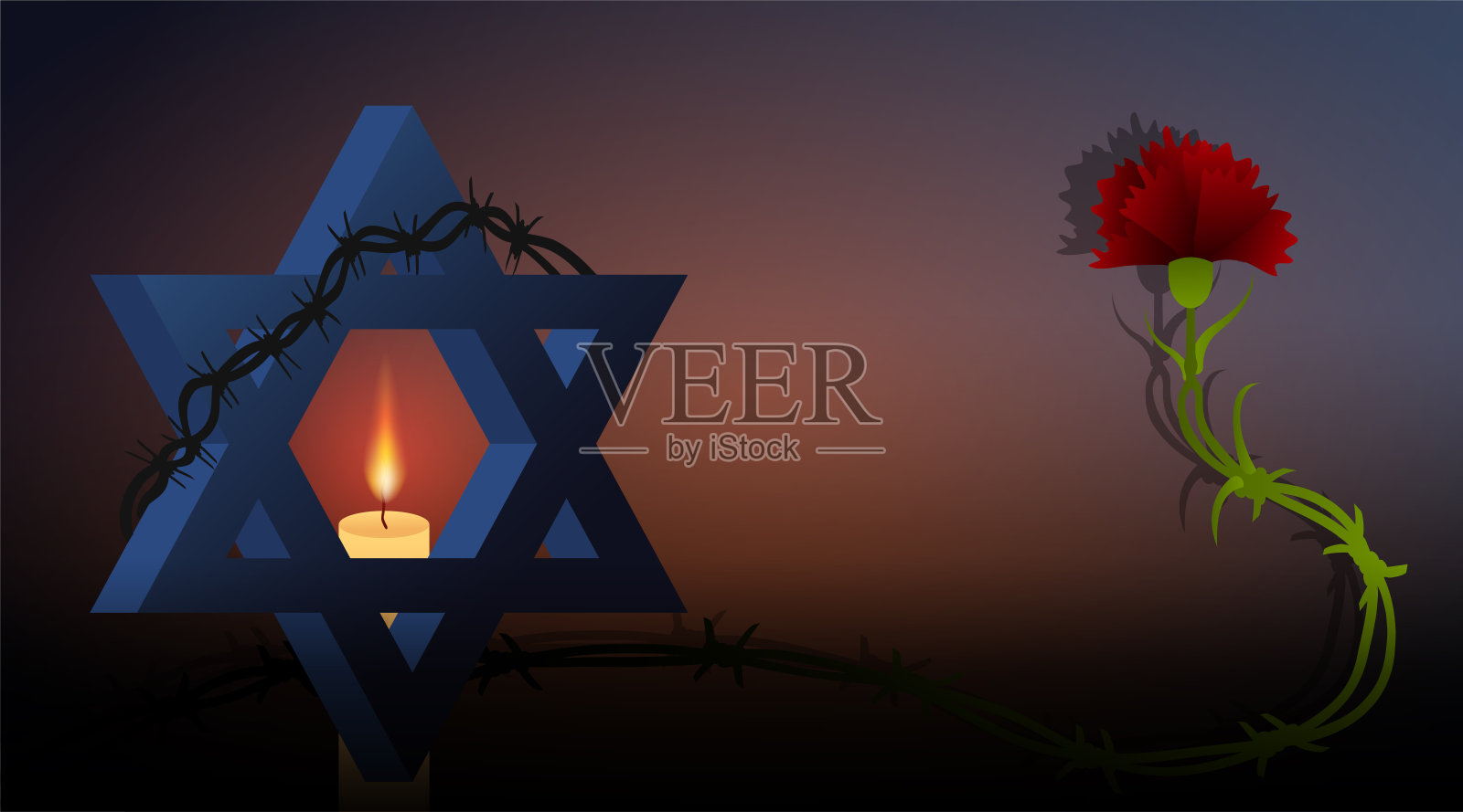 带刺铁丝网和蜡烛的犹太星插画图片素材