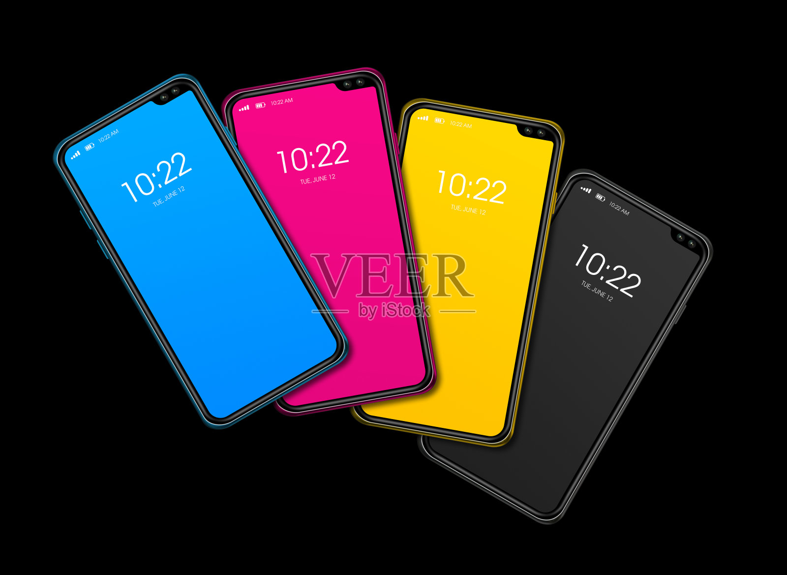 CMYK智能手机设置隔离黑色背景。3D渲染照片摄影图片