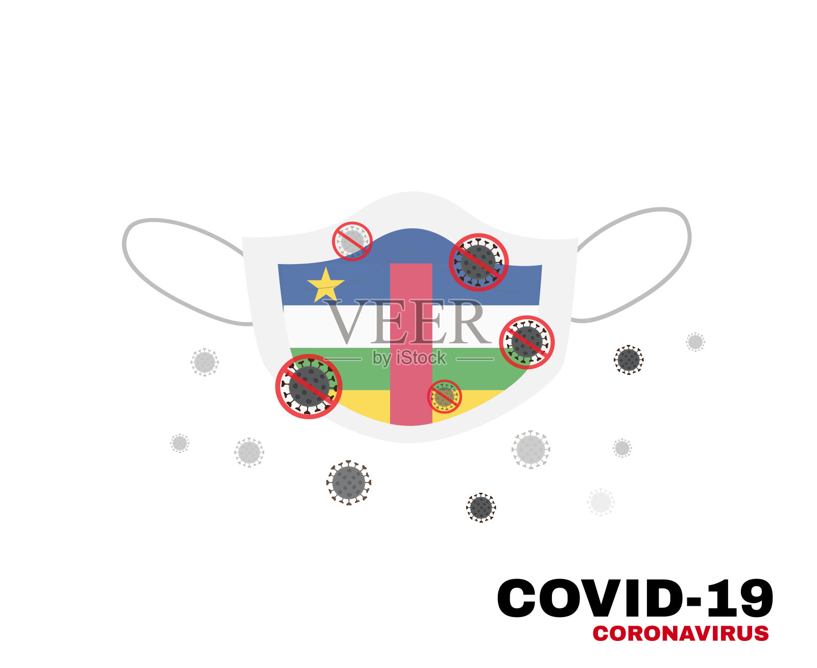 带有中非共和国标志的医用口罩,保护中非人民免受冠状病毒或Covid-19感染,病毒爆发保护概念,标志标志背景。插画图片素材