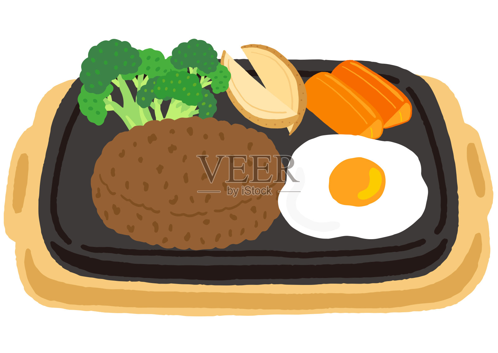 汉堡牛排、煎蛋和蔬菜插画图片素材