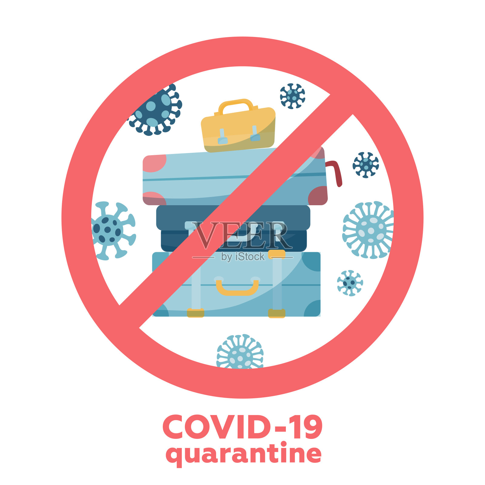 取消冠状病毒旅行和度假。新型冠状病毒病COVID-19、2019-nCoV、MERS-Cov、叠包旅行。禁止标志-手提箱交叉。平面向量插图。插画图片素材