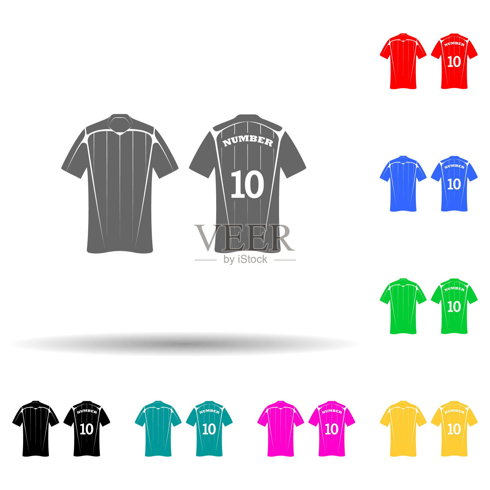 足球球衣多颜色风格的图标。简单的字形,平面矢量t恤图标的用户界面和用户体验,网站或移动应用程序插画图片素材