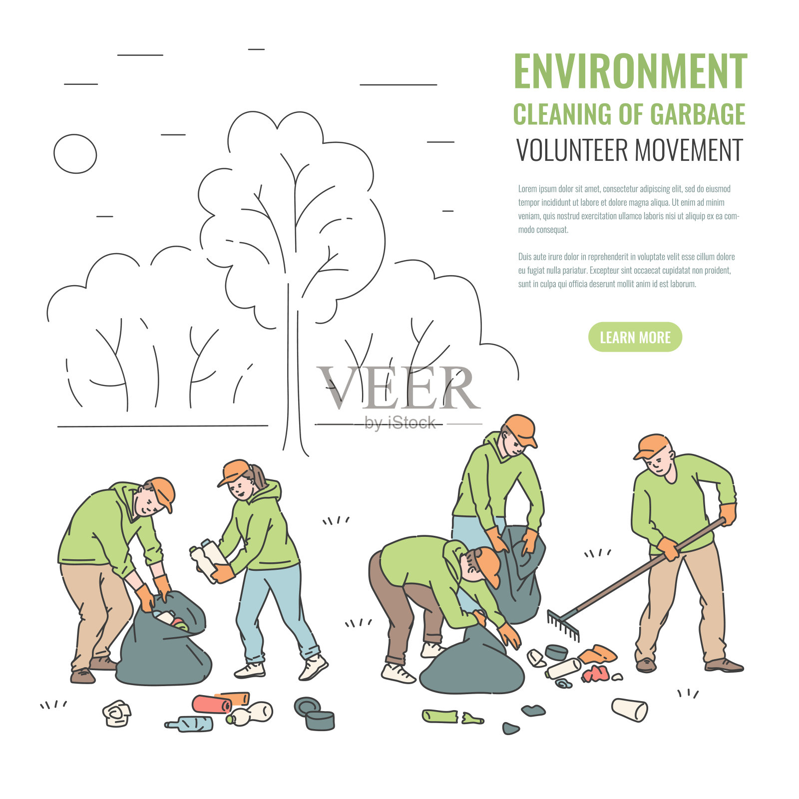 志愿者清理公园里的垃圾。人们在袋子里捡垃圾矢量线插图解决环境问题。插画图片素材