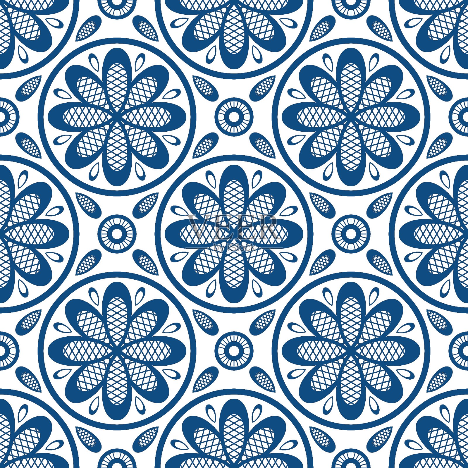 无缝模式蕾丝风格。时尚的经典蓝色元素在白色的背景。插画图片素材