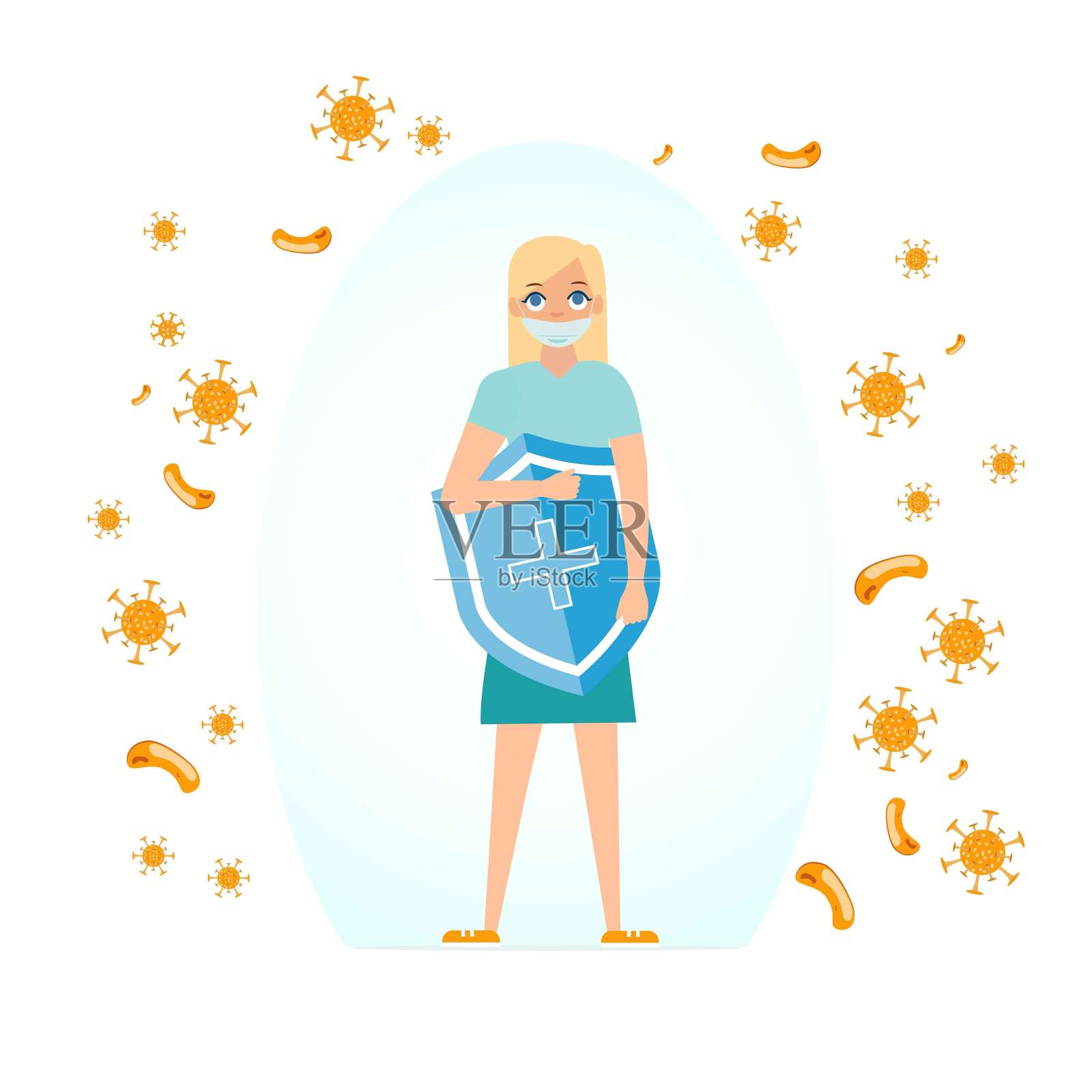 免疫系统矢量图标标志。健康细菌,保护病毒。人体细菌的医学预防。一个健康的女人用盾牌抵御细菌的攻击。用药物概念说明增强免疫力。插画图片素材