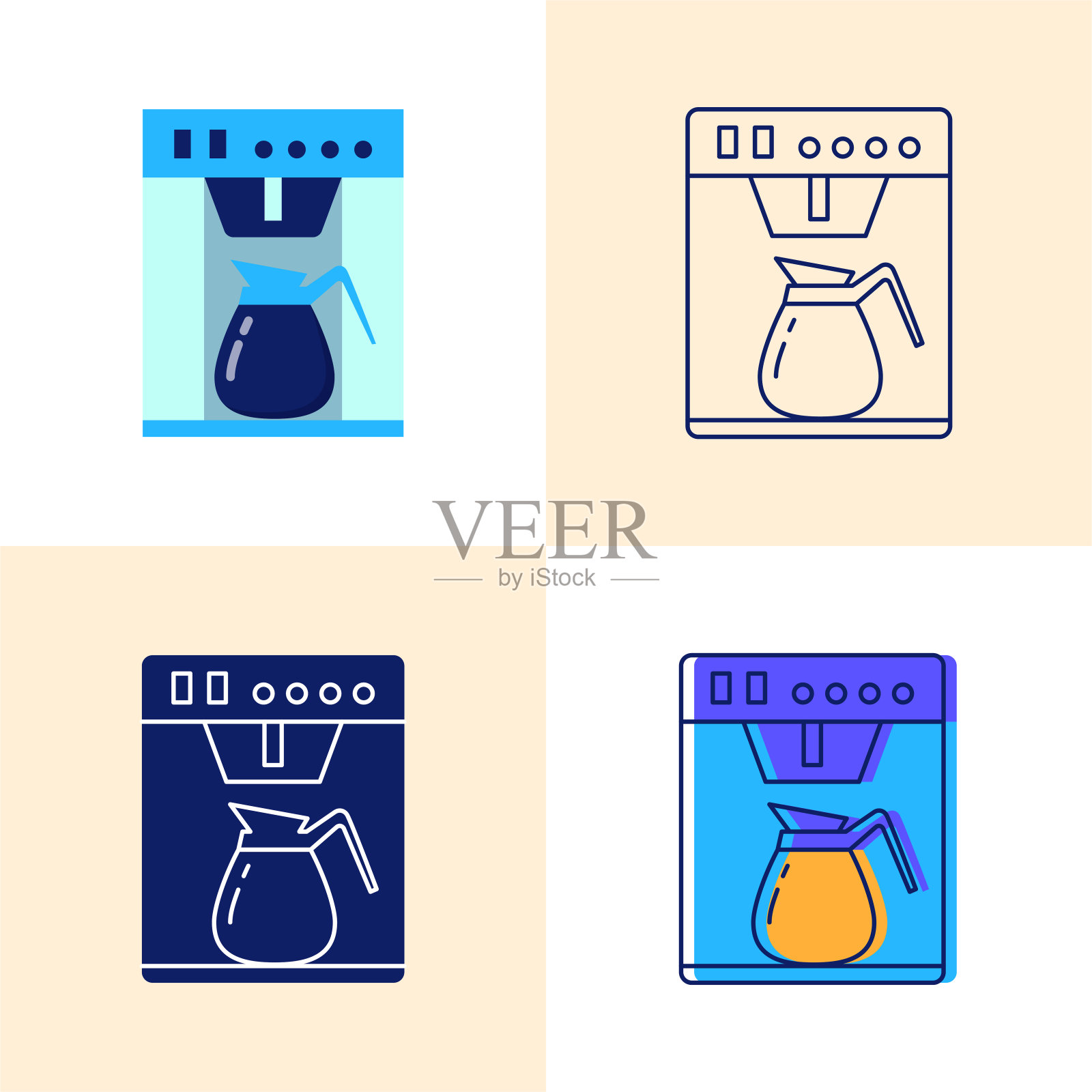 咖啡机图标设置在平面和线条风格插画图片素材
