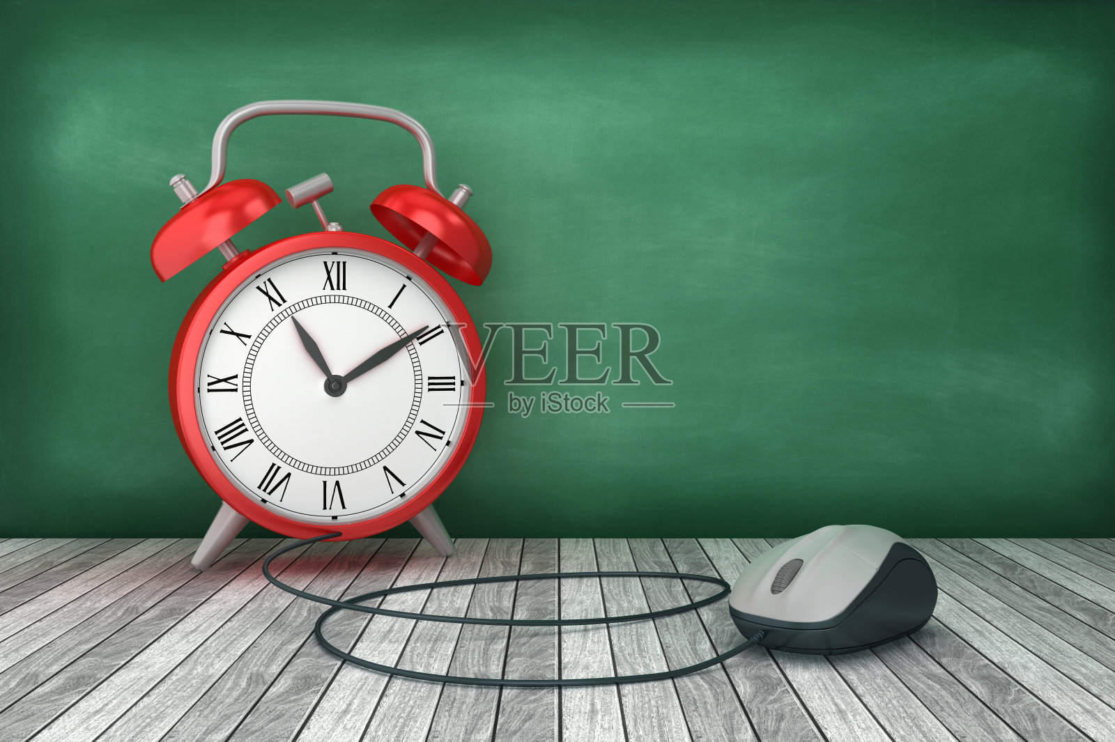 闹钟与电脑鼠标在黑板上- 3D渲染照片摄影图片