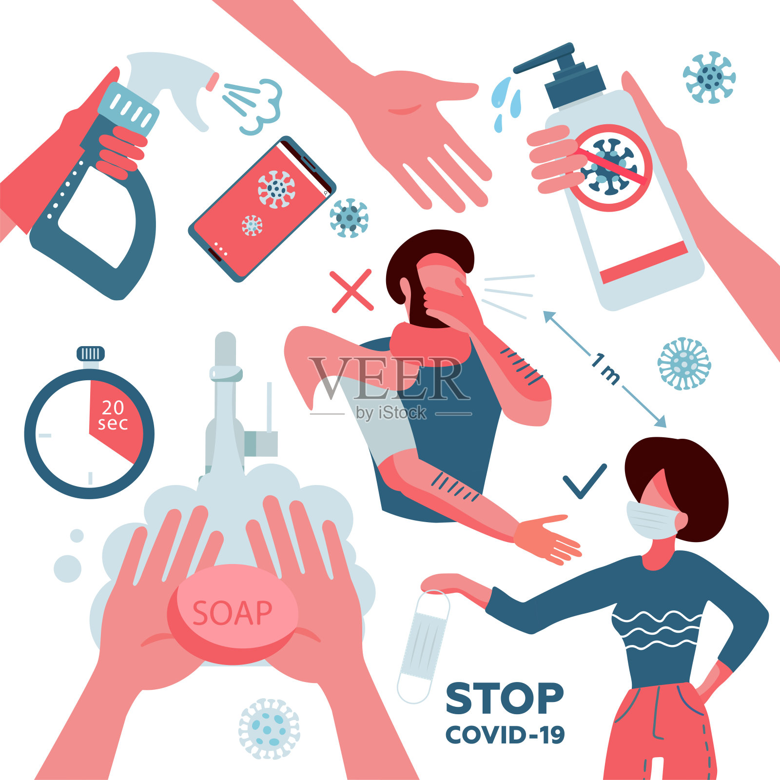 2019-nCoV covid-19病毒保护要素集。Coronovirus警觉。洗手,电话消毒,距离,口罩。预防信息图。矢量插图在卡通平面风格的集合。插画图片素材