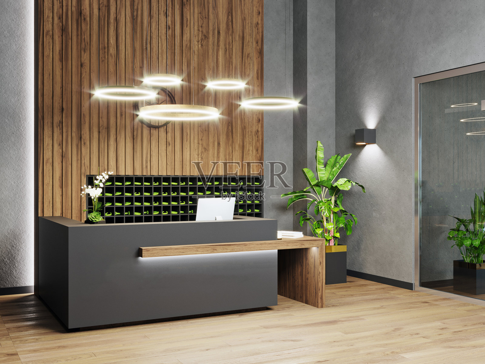 现代大厅内设健身中心接待台,木质面板和全景窗户,木地板,健身中心前台,3d渲染照片摄影图片