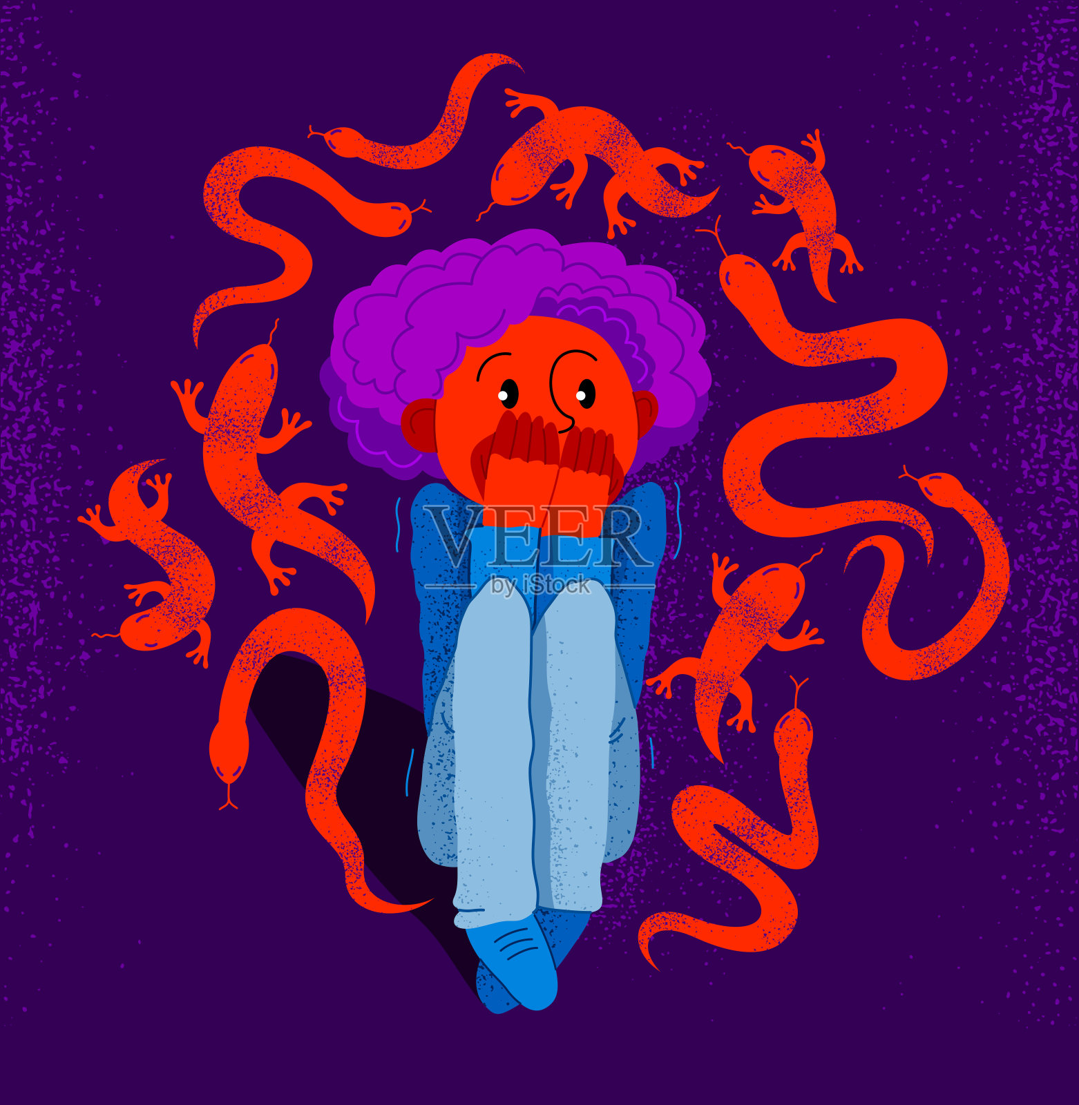 对爬行动物、蛇和蜥蜴的恐惧症矢量图:男孩被想象中的爬行动物包围,出现恐慌症和恐惧,心理健康概念插画图片素材