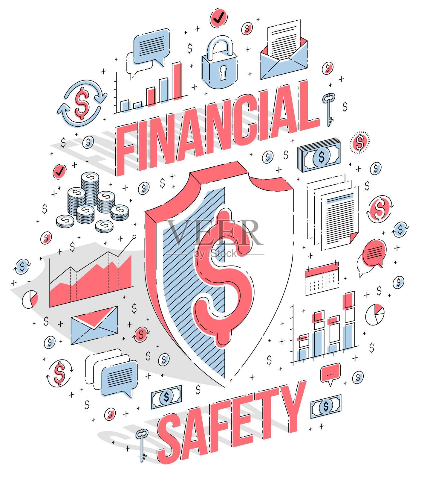 财务保护理念,财务安全,救生圈和盾牌孤立在白色背景上。矢量3d等距商业插图图标,统计图表和设计元素。插画图片素材