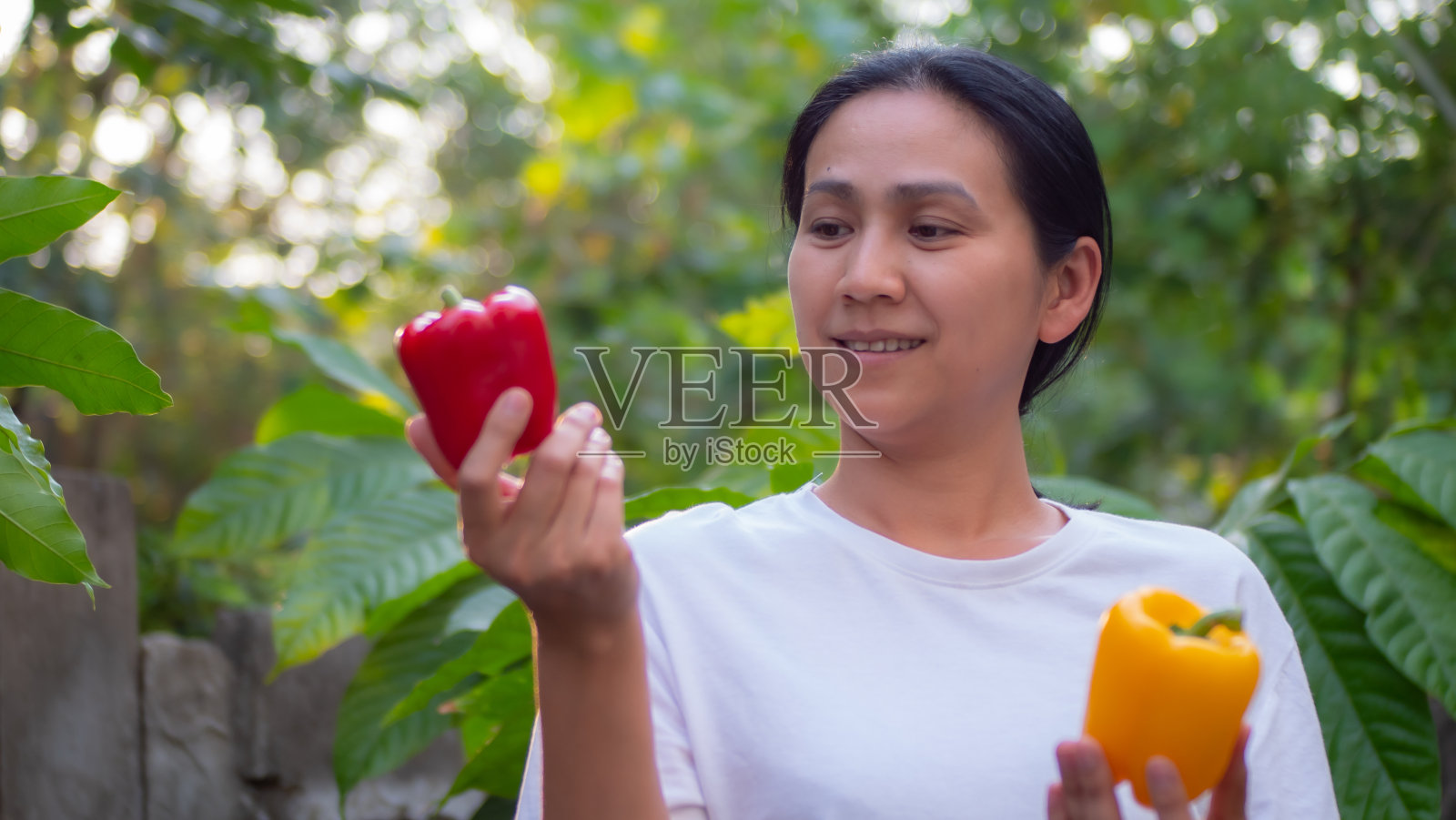 亚洲女性拿着甜椒和蔬菜照片摄影图片