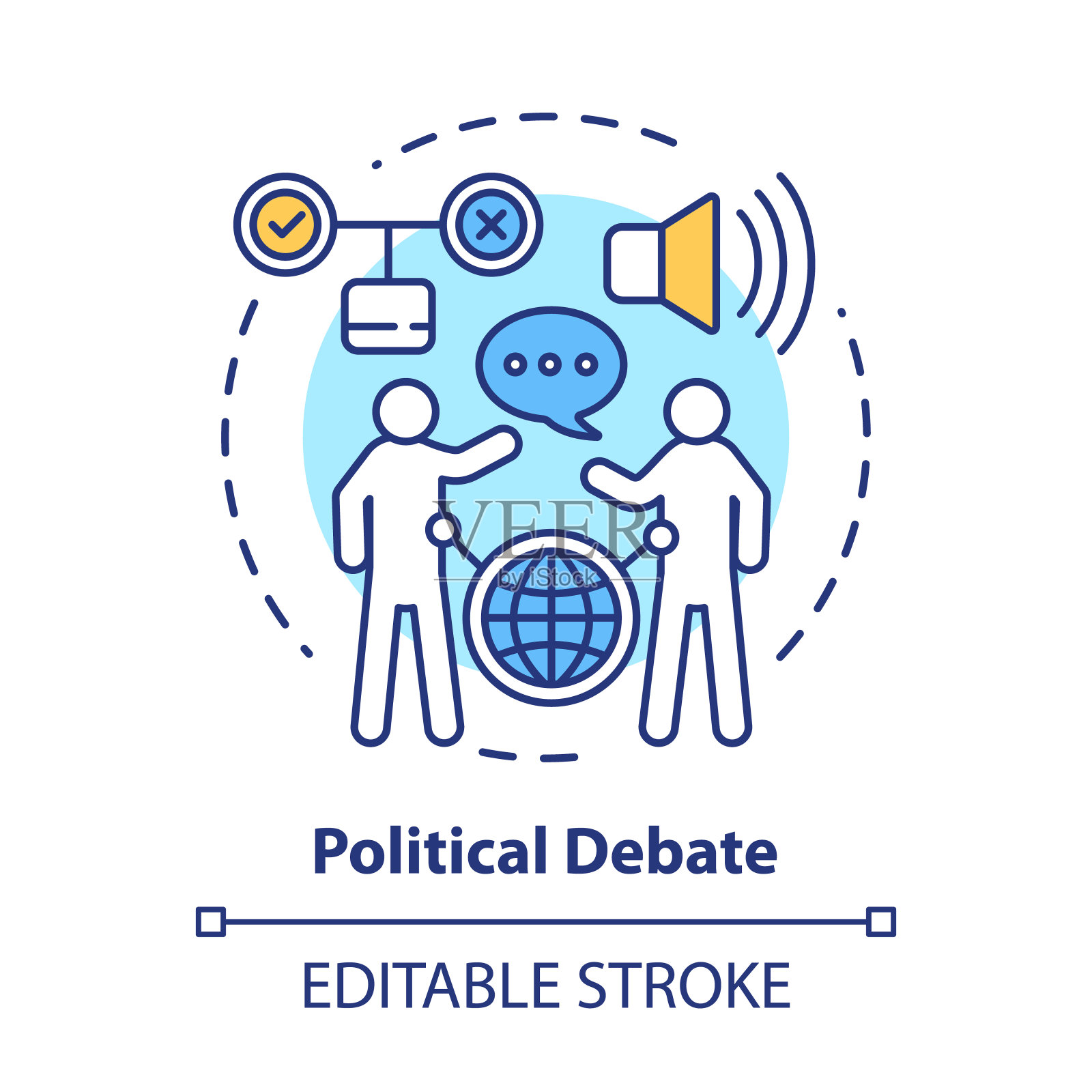 选举概念图标。政治辩论中,谈话对竞选对手想法的细线说明。政治竞选,总统竞选。矢量孤立轮廓绘制。可编辑的中风插画图片素材