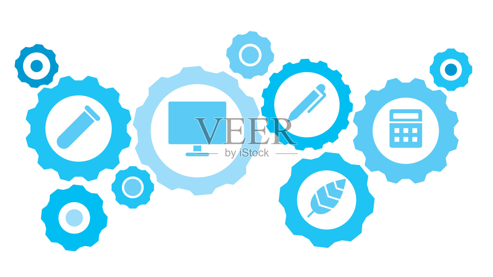 连接齿轮和图标为物流,服务,航运,分销,运输,市场,沟通概念,计算器齿轮蓝色图标集。交付机制的概念。插画图片素材