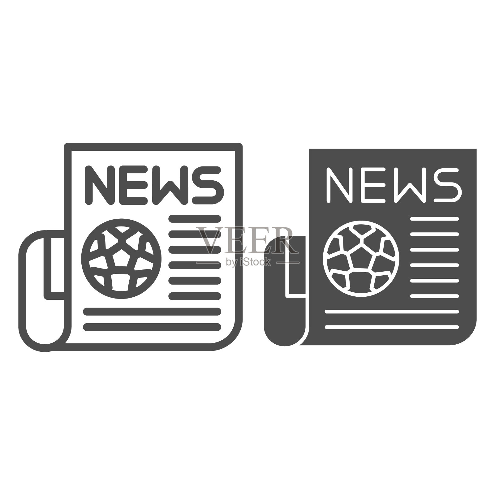 报纸线和固体图标。足球或足球新闻在新闻,文章出版符号,轮廓风格象形文字在白色背景。运动标志的移动概念和网页设计。矢量图形。图标素材