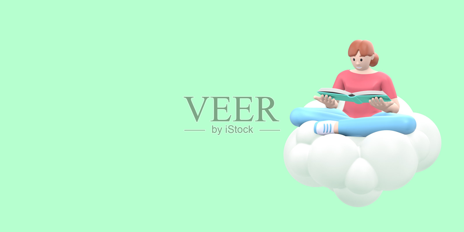 文学迷,一个年轻的女孩在天空的云上看书。有趣的,抽象的卡通人物在绿色的背景上。3 d渲染。照片摄影图片