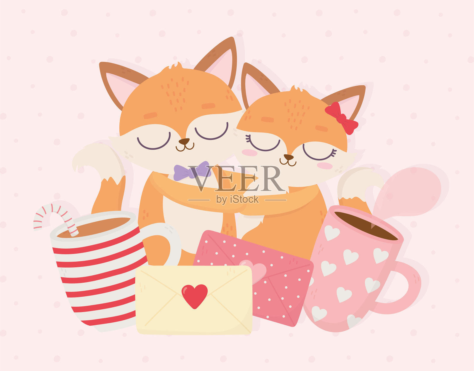 情人节情侣拥抱狐狸短信咖啡杯快乐插画图片素材