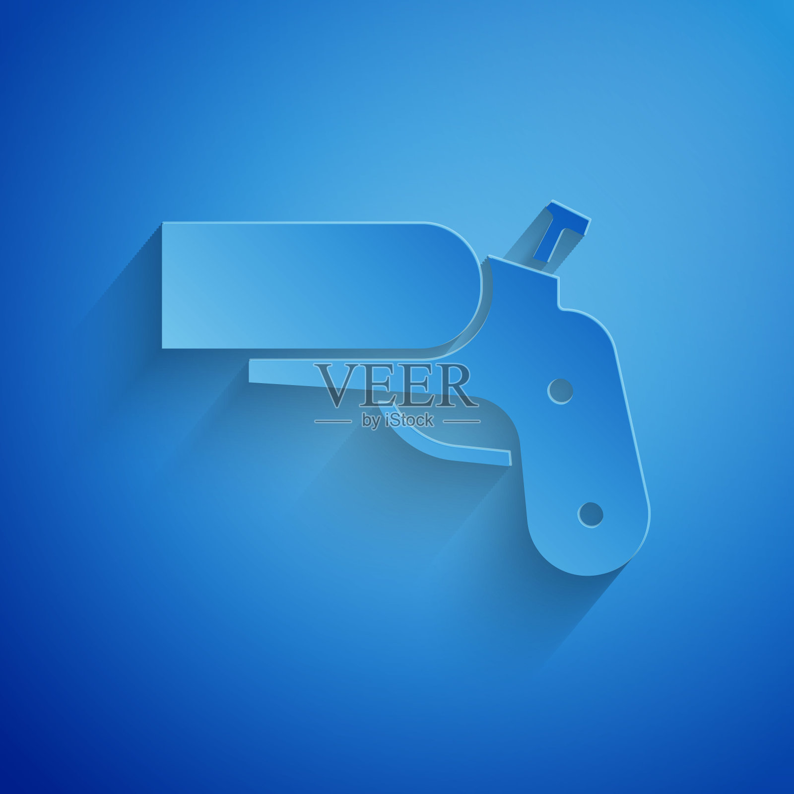 纸切割信号枪手枪信号sos图标孤立在蓝色背景。紧急射击目标烟雾。橙色911发射器。纸艺术风格。矢量图插画图片素材