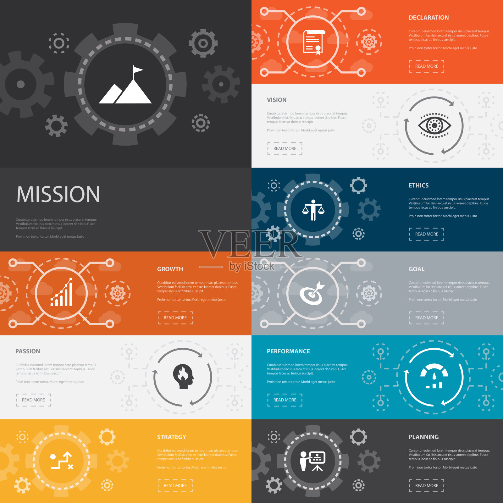 任务信息图10行图标横幅。成长,激情,策略,表现简单图标插画图片素材