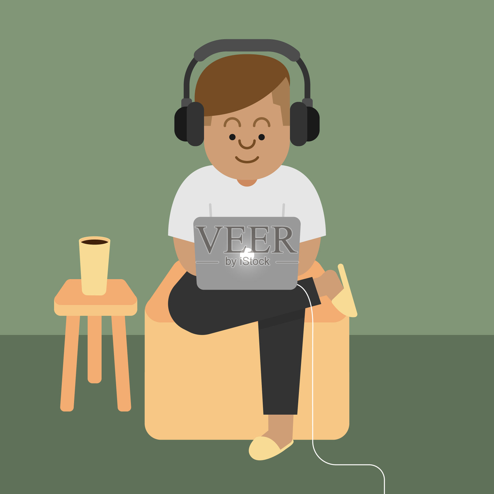 居家办公在家里工作。男人戴着耳机听音乐,在家工作。平的图标设计。插画图片素材