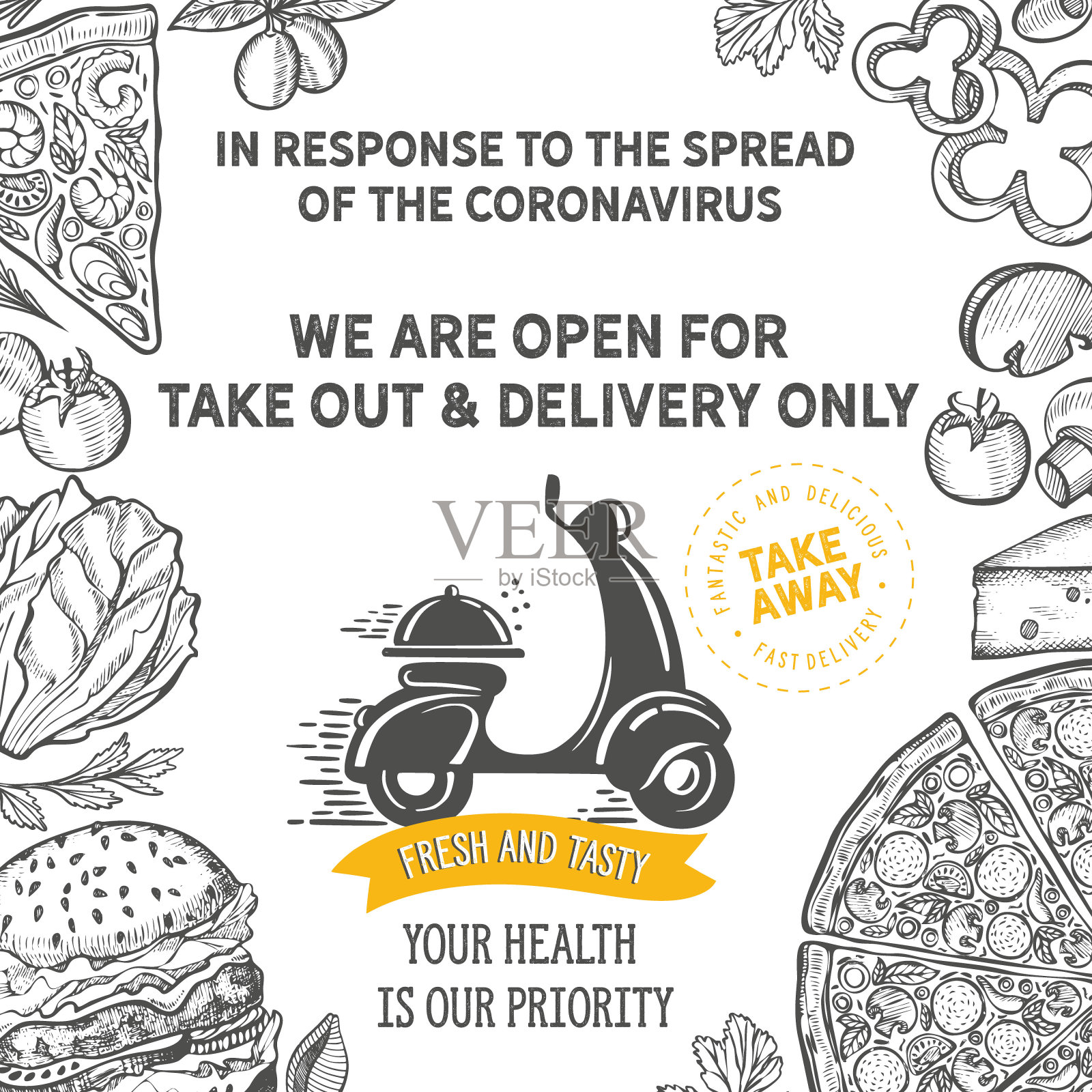 冠状病毒2020。餐厅海报只提供外卖服务。插画图片素材