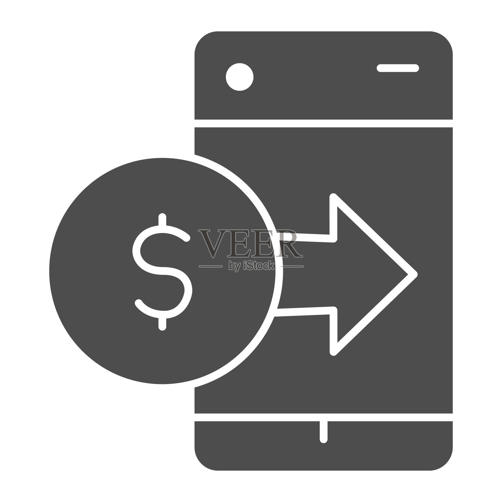 美元硬币与智能手机上的箭头固体图标。在线网页钱包符号,白色背景上的象形文字样式。汇款标志的移动概念和网页设计。矢量图形。插画图片素材