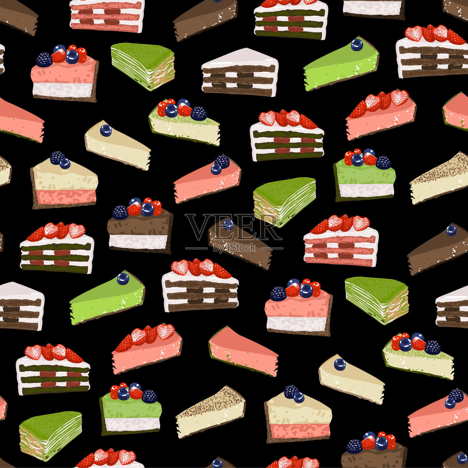 不同味道的三角形蛋糕,上面覆盖着浆果。插画图片素材