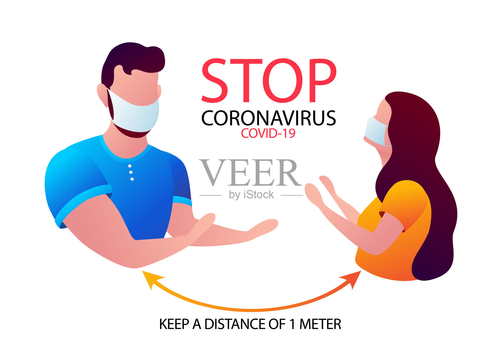 2019冠状病毒感染的预防提示信息图。人与人之间一米的距离,医用口罩。插画图片素材